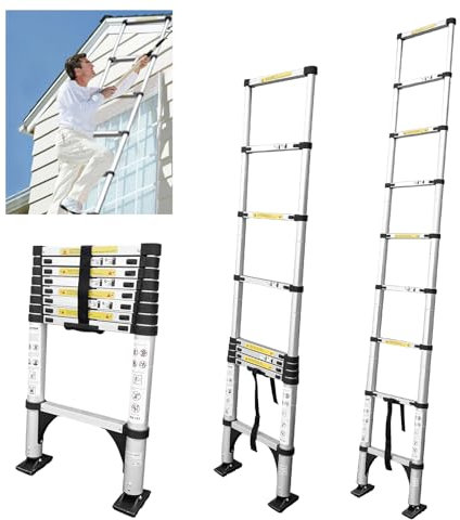 JADDUO Scala pieghevole telescopica antiscivolo, 3,2 m, in alluminio, pieghevole, allungabile, unica, destra, multifunzione, portata 150 kg