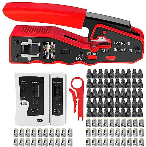 MAYLINE RJ45/CAT5/CAT6 Herramienta de cable de Crimpador de red, profesional de Mantenimiento de, LAN Probador de cables de red 50 Conectores, Pasante RJ45Herramientas de Reparación (Gris)