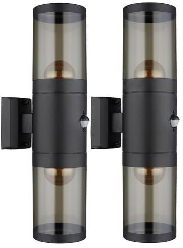 GLOBO Außenleuchte Wandlampe mit Bewegungsmelder Gartenleuchte Fassadenleuchte, Up and Down Strahler, Edelstahl, schwarz rauch, 2x E27, DxH 10,2x42 cm, 2er Set