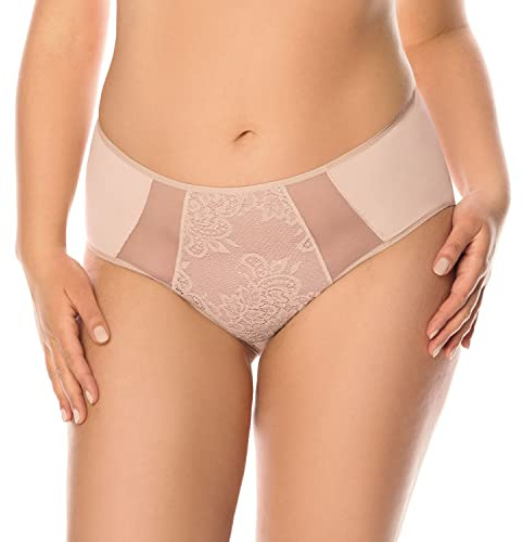 VIVISENCE Unterhosen Damen Slip Unterwäsche Frauen Hohe Taille Slip Baumwolle Spitze Netz Panties Glatter Mikrofaser Hinterteil 1044W, Beige,4XL