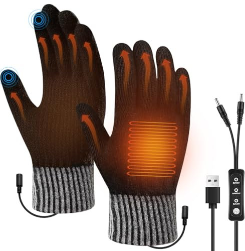 USB Heated Gloves, Double-Side Heated Knitted Wool USB Hand Warmer Gloves with Touchscreen Fingers & 3 Adjustable Temperature Washable Laptop Gloves