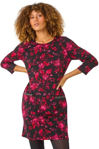 Roman Women Shift Dress with Pockets - Ladies Autumn Winter Tunic 3/4 Length Sleeve Knee Length Smart Casual Office Work Cocktail Party Round Neckline Comfy Soft - Pink Noir - Size 18