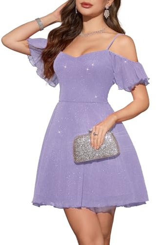 Meetjen Women's Sparkly Sweetheart Cocktail Party Dress 2025 Glitter Wedding Spaghetti Straps Dance Dresses Lavender L