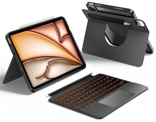 HOU Rotierende Tastaturhülle für iPad Air 11 (M3/M2) 2025 Magnetische Abnehmbare Hülle mit Tastatur für iPad Air 6/5/4, Pro 11 4/3/2/1 mit Touchpad, Beleuchtung und Halterung, Stiftetui,QWERTZ