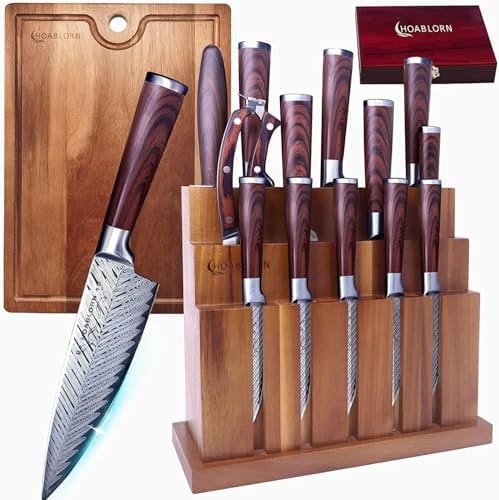 ChefHoablorn Damascus Knife Block Set 15PCS Kitchen Knife Set with Block Premium Chef Knife Stainless Steel,Japanese Kitchen Knife, with Exrtra Cutting Board Wine Corkscrew Set