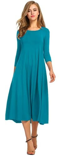 Hotouch Damen Kleider Elegante A Linie Midi Kleid Sommer Tshirt Kleid 3/4 Arm Tunikakleid Rundhals Einfarbig Freizeitkleider S-3XL