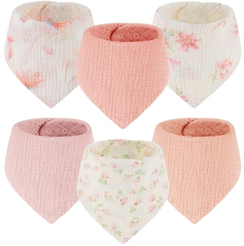 Yukkidds Baby Dribble Bibs 100% Muslin, Bandana Drool Bibs for Teething | 6 Pack, For Baby Girls Boys 0-36 Months Newborn & Toddler, Soft & Absorbent, With Adjustable Snaps, Pink Floral