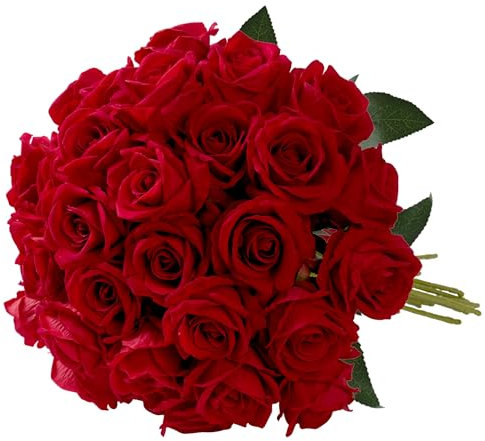 Fanfantoey Künstliche Rosen, rote Rosen, künstliche Blumen, künstliche Seidenrosen mit Stielen, realistische künstliche Blumen für Valentinstag, Hochzeit, Muttertag, Dekoration, 12 Stück