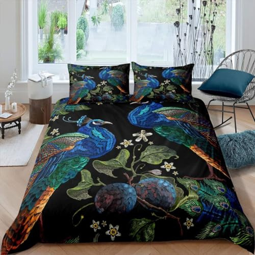 richhome Chinesischer Bettbezug, 140 x 200 cm, Aquarell, Pfau, bedruckt, Bettwäsche für Kinder, Erwachsene, Boho, Federn, Set, Pflanze, Zweig, Blatt