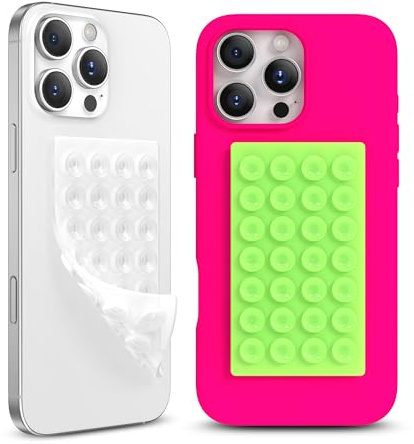 COFFKER 2 Pack Silicone Suction Cup Phone Case Mount Double-Sided, Hands-Free Strong Grip Holder for iPhone and Android, Sticky Phone Stand for Selfies and Videos, Neon Green+Transparent