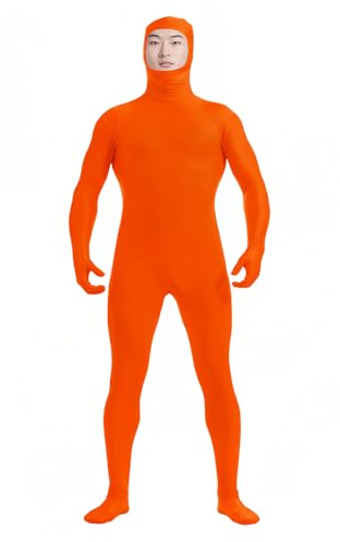 HSEMLIOE Mens Open Face Spandex Zentai Bodysuit Full Body 2nd Skin Tight Suit Stretchy Halloween Costume Unitard,FluOrange,L