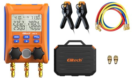 Elitech Set de Manomètres Frigorigène Manomètres Numériques Réfrigérant Climatisation pour Pression Température Vide et Fuites, Haute Précision pour Pompe à Chaleur HVAC Gauge LMG-10+