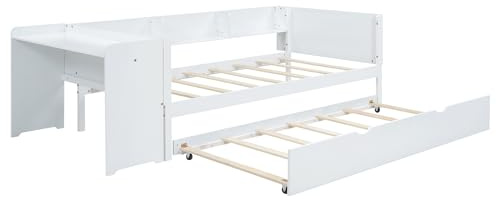 Multifunktionales Holzbett mit integriertem Schreibtisch und Regalen, Ausziehbett mit Rollfunktion, platzsparendes Doppelbettgestell aus Kiefernholz und MDF, stabiler Bettrahmen (Weiß,90x200cm)