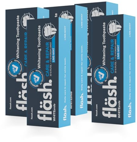 fläsh Limette-Minze: Whitening Zahnpasta | Tägliche Pflege für weiße Zähne | 17% Hydroxylapatit | 30% Xylitol | 75ml | 5er Pack