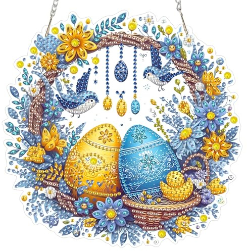 MOGTAA Ostern Diamond Painting Anhänger Eier, Tiere Diamond Painting mit Kette Kinder Erwachsene, Blume Diamant Painting Fensterbilder Beidseitig, Hängende Ornament Bastelset Set für Wand Decor