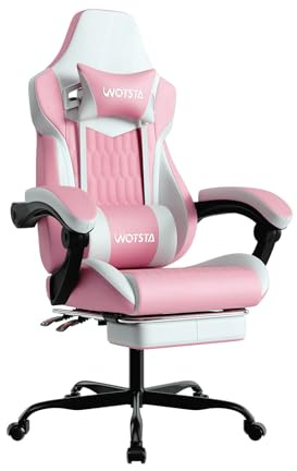 WOTSTA Gaming Chair, Ergonomic Gaming Chair with Footrest and Lumbar Support, Computer Chairs, Height Adjustable Computer Racing Gamer Chairs for Gaming or Office, Pink White