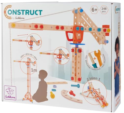 Eichhorn Construct Kran - 248-teiliges 2-in-1 Konstruktionsspielzeug zur Förderung von Motorik und Kreativität, baubar als Kran oder Raumschiff, FSC-zertifiziertes Holz, ab 6 Jahren