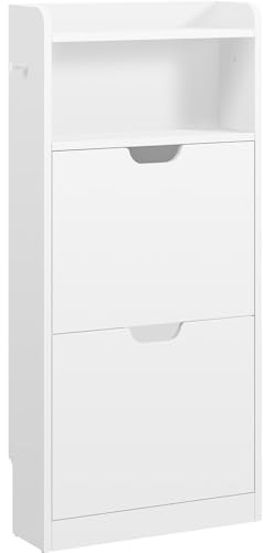 Yaheetech Schuhablage mit 2 Flip-Schubladen, Schuhkipper Schuhregal Offenes Fach, Erhöhter Rand, Haken, Hängender Schuhschrank Schmal 108 cm H, Weiß