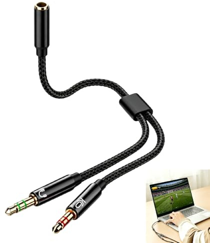 Pawubai Cable Adaptador Jack, Splitter Jack 3.5 mm Audio y Micrófono 1 Hembra a 2 Macho, Cable Trenzado 1 m Conectores Dorados, HiFi Estéreo, Separador de Mic y Auriculares Gaming Xbox PC Portátil