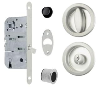 AGB Serratura Porta Scorrevole Interna WC Scivola T Kit Completo con Pomolo Tondo – Interasse 70 mm, Entrata 50 mm, Frontale 16 mm – Cromo Satinato