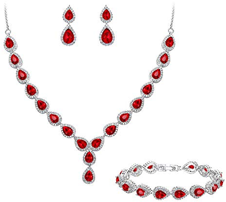Clearine Damen Hochzeit Braut Tropfen CZ Unendlichekeit Figur 8 Y-Halskette Tennis Armband Dangle Ohrringe Set Rubin Rot Silber-Ton