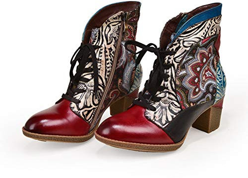 CrazycatZ Womens Leather Ankle Boots Block Heel Bohemian Splicing Lace Up Colorful Bootie (39 EU 6 UK, DARK RED)