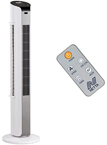 NETTA Tower Fan with Remote Control, 32 Inch Oscillating, 3 Speed Settings With 7 Hours Timer, Bladeless Floor Fan for Bedroom Living Rooms Kitchen Home Office - White [Energy Class A+++]
