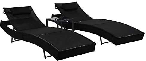 vidaXL 2x Sonnenliege mit Tisch Outdoor Garten Terrasse Rasen Hof Sonnenliege Beistelltisch Lounge Sessel Möbel Set Poly Rattan und Textilene Schwarz