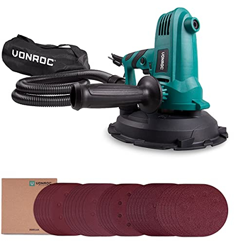 VONROC Ponceuse Excentrique Murale 750W - Précision et Confort pour Plafonds et Murs - 180mm de Diamètre - 33 Feuilles Abrasives Inclus - Tuyaux et Sac de Poussière
