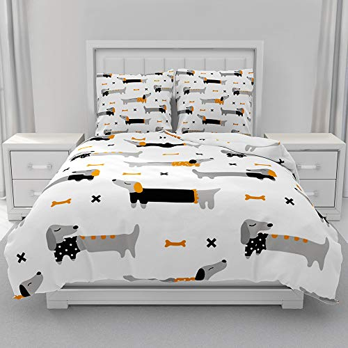 Morbuy Mikrofaser Bettwäsche + Kissenbezug 80x80cm, Hundedruck Bettwäsche-Set Bettwäsche Set für Erwachsene Kinder, Weiche Bettbezug Set mit Reißverschluss (135x200cm,Dackel)
