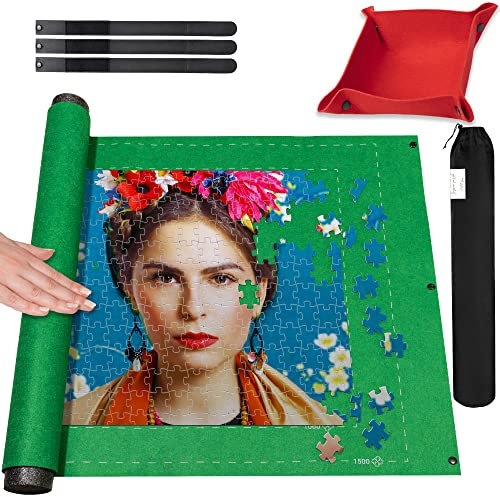 Marbs Puzzle Mat Roll Up with Guiding Lines for 500,1000,1500 Pieces. Roll Your Jigsaw Puzzle in 30sec - Portable Storage Mat 24x46 with 2 Foam Poles, 3 Fastening Straps, Sorting Tray & Storage Bag