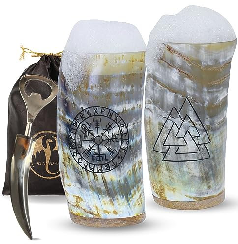 Oldemperor Viking Drinking Horn Tumblers- Set of 2 Mead Cups| Gift Bag| Unique Color Genuine Ox Horn| 100% Authentic Handmade| Food Grade| LARP Costume Decore| Natural Shine Finish (Compass, Valknut)