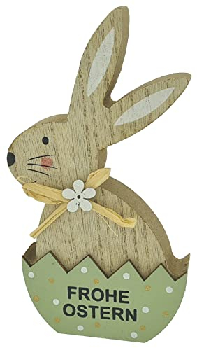Frohe Ostern, Holz-Hase mit Schleife, 16x9x2cm, grün/Natur, Holz-Figur Oster-Hase Oster-Deko