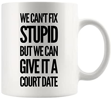 Panvola 'We Can't Fix Stupid But We Can Give It A Court Date ' Lawyer Gifts Law Student Teacher Attorney Ceramic Coffee Mug 11oz White Novelty Drinkware