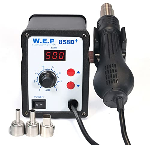 Station de soudage à air chaud, 858D à air chaud 100 ~ 500 °C, 700 W, station de dessoudage, affichage numérique de la température avec 3 buses pour BGA, SOIC, CHIP, QFP, PLCC