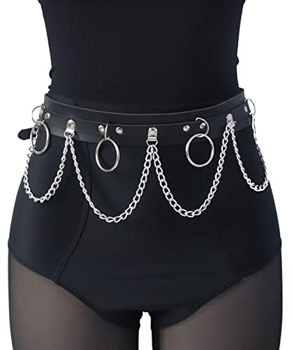 crazy bean Punk KettengüRtel Taille KöRperkette GüRtel Schwarz Leder Taillenkette GüRtel Verstellbare TaillengüRtel füR Rock Rave Damen MäDchen(A)