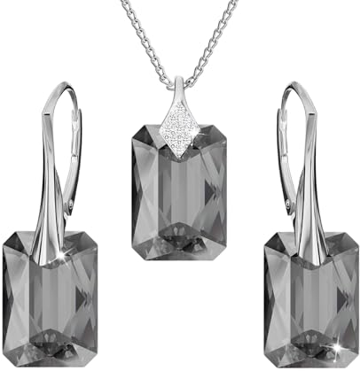 Schmuckset für Damen Ohrringe Silber 925 Hängend Rechteckig - Kette Damen mit Anhänger - Schmuck Set für Sie mit Kristallen - Ohrringe Hängend und Halskette Mädchen Geschenk Frauen (Silver Night)