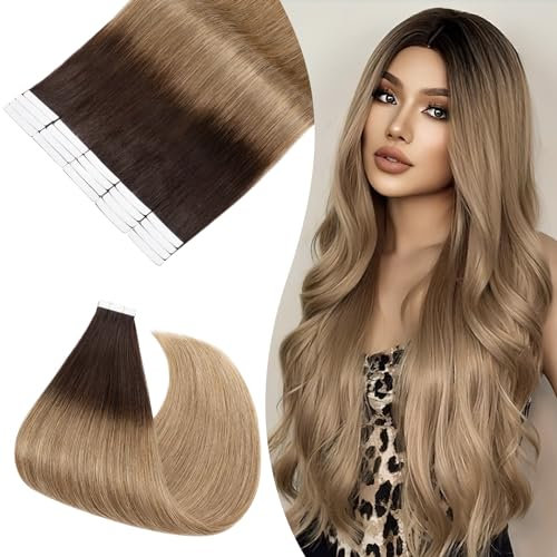 UK-Fashion-Shop Tape Extensions Echthaar - Haarverlängerung 100% Echthaar Extensions Tape In glatt 45cm 25g #4T27 schokoladenbraun Ombre dunkelblond