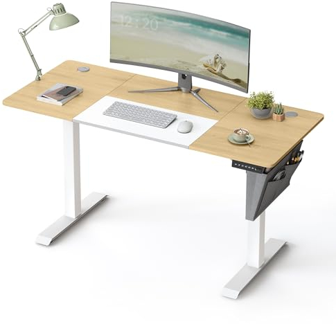 SONGMICS Höhenverstellbarer Schreibtisch elektrisch, 140 x 60 cm, stufenlos verstellbar, Memory-Funktion mit 4 Höhen, natureichenfarben-mattweiß LSD016N01