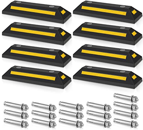Sonnewelt 8 x Gummi Radstopper, 54x15x10cm Parkplatzbegrenzung, Parkplatzsperre mit Gelb Reflektierende Streifen, Parkstopper mit Dehnschraube, Parkplatzsperren für Parkplätze Garage Parkhäuser