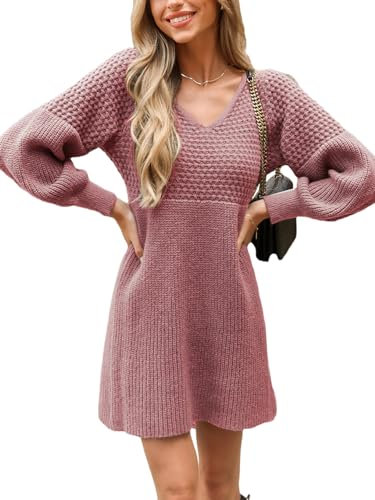 CUPSHE Damen Strickkleid Pullikleid V Ausschnitt Langarm Wabenmuster Feinstrick Pulloverkleid Knit Sweater Mini Dress Dusty Rose S
