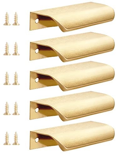Malimali 5 Pack Gold Kitchen Cupboard Handles Finger Edge Pulls for Cabinets and Drawers, 80mm Wardrobe Door Handles Modern Aluminum Bathroom Cabinet Handles, Brushed Brass