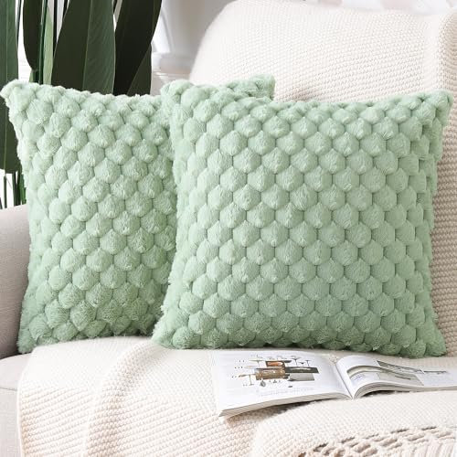 Madizz 2er Set Kunstpelz Plüsch Dekorative Kissenbezüge Weich Dekorative Kissenbezug für Sofa Schlafzimmer Kissen Shell Grün 60 x 60 cm