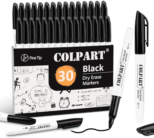 colpart - 30Pack Black Whiteboard Markers Bulk With Low Odor White Board Markers Dry Erase For School, Office, Home, Work On White Board & Calendar, Refrigerator