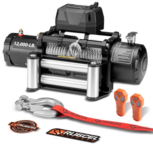 RUGCEL WINCH Verricello elettrico impermeabile in acciaio nero con passacavo a rullo, maniglia cablata e 2 telecomandi a infrarossi