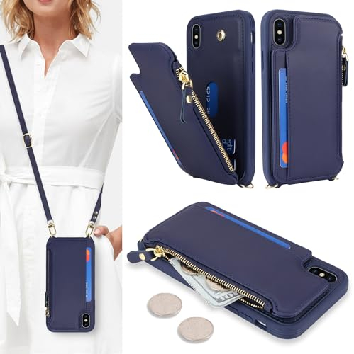 SailorTech Coque pour iPhone X Étui avec Porte-Cartes de crédit, Etui pour iPhone XS Housse avec Courroie de Cou Portefeuille avec Fentes pour Cartes de crédit-Bleu