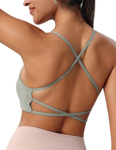 ULERSP Sport-BH für Damen, Spaghettiträger, gekreuzter Rücken, abnehmbares Brustpolster, geeignet für Yoga und Fitness, Grün , Large