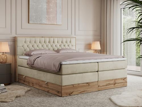 MKS MEBLE King Boxspringbett 140x200 mit Bettkasten und Kopfteil, Bonell Polsterbett mit Matratze H4 und Topper T25, Bett mit Holzrahmen in Wotan Eiche - Beige Velvet - Amore King