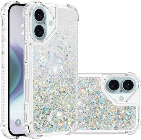 IMEIKONST Glitter Case for iPhone 16, Liquid Sparkle Quicksand Clear Transparent Sequin for Girls Slim TPU Bumper Silicone Shockproof Cover for iPhone 16. Love Silver YBW