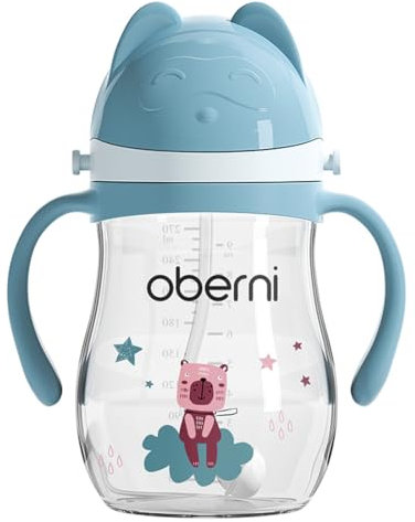 Oberni Vaso para bebés con asa y correa, botella de agua antiderrames para niños de 6 a 12 meses en adelante, sin BPA, Tritan | Apto para lavavajillas | Boquilla con válvula a prueba de fugas | Punta